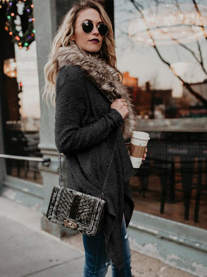Omyke Fur Collar Cardigan Plush Trench Coat