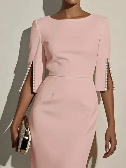 Slim-Fit Elegant Midi Dress with Beaded Slit Sleeve