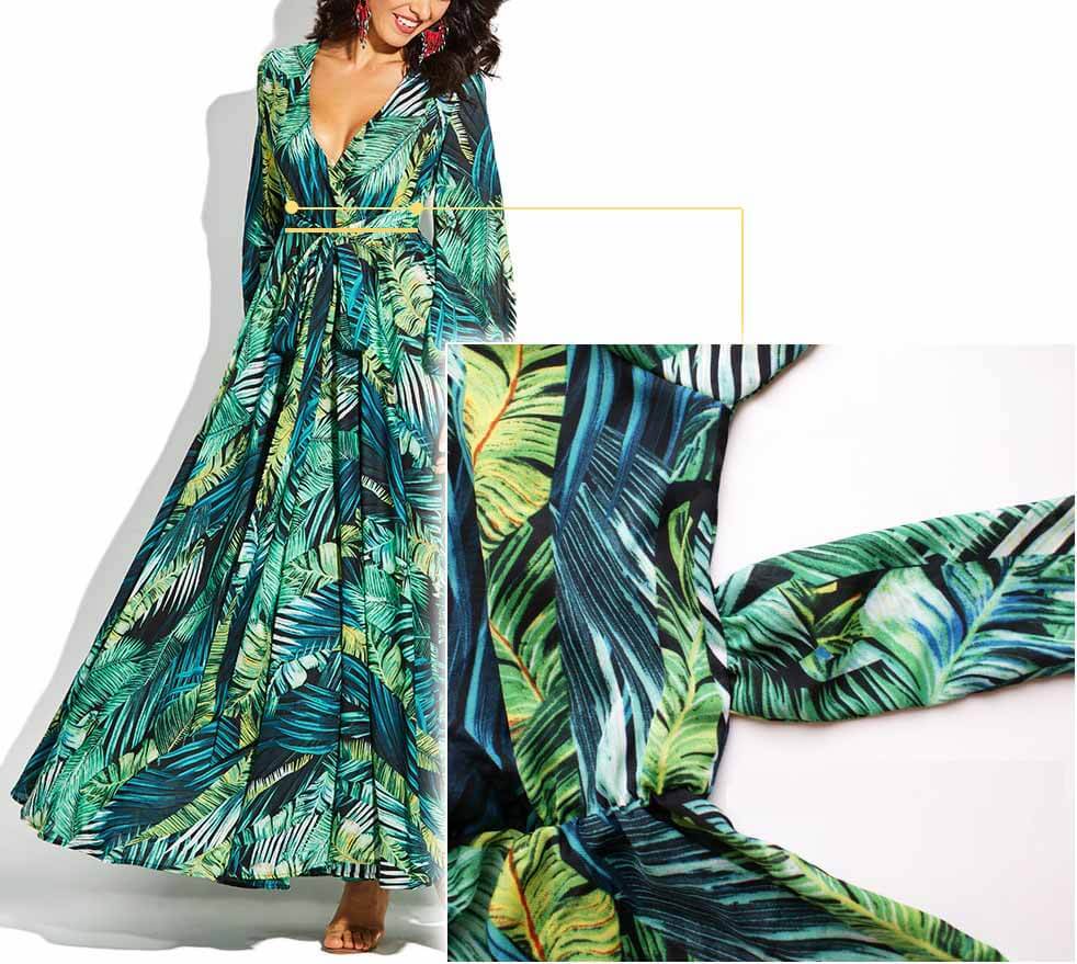 Florcoo V-Neck Leaf Print Maxi Dress