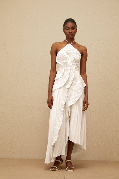 Doux White Ruffled Trim Pleated Midi Dress