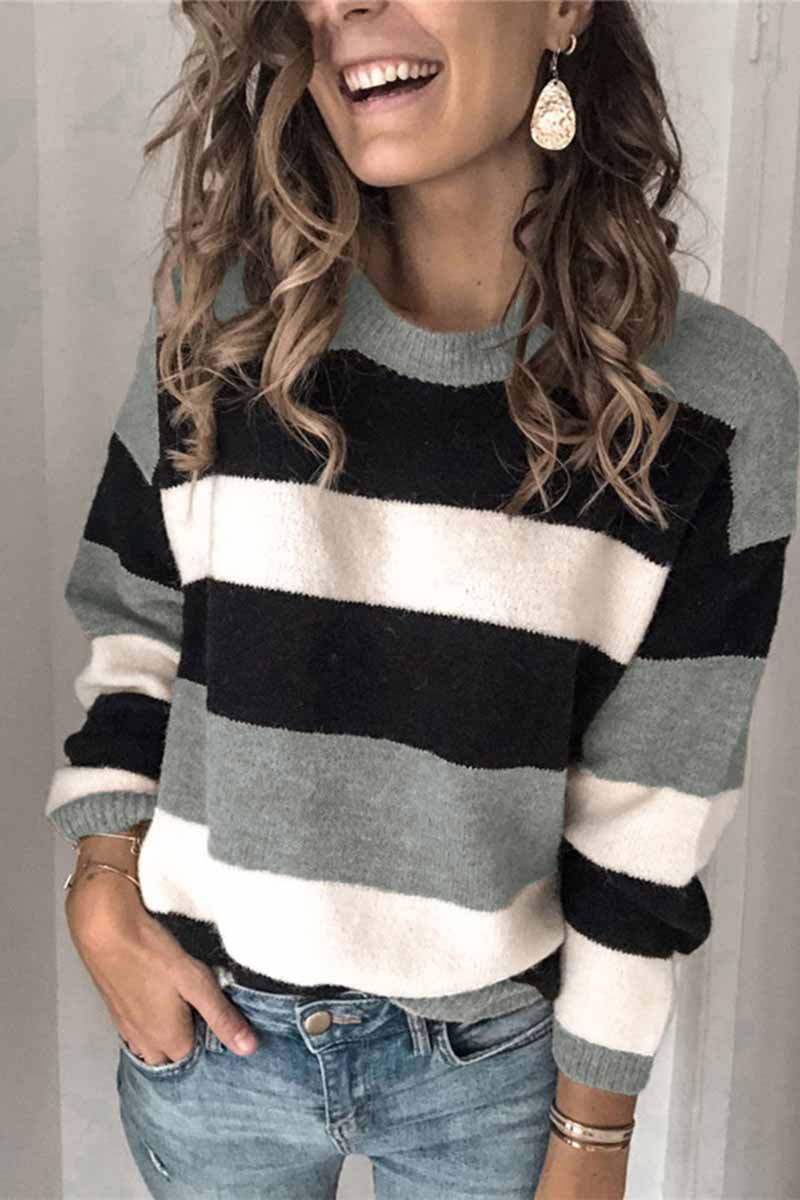 Florcoo Striped O-Neck Contrast Sweater(3 Colors)