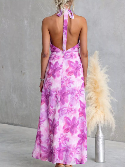 Floral Print Ruffle Halter Neck Maxi Dress