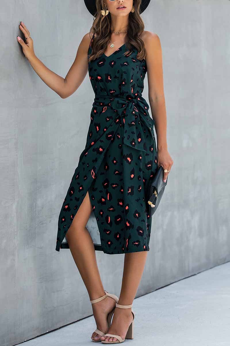 Florcoo V Neck Print Dress With Belts(4 Colors)