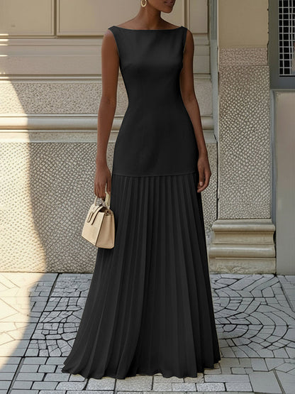 Sleeveless Gauze Pleated Solid Color Split-Joint Boat Neck Evening Dresses Maxi Dresses