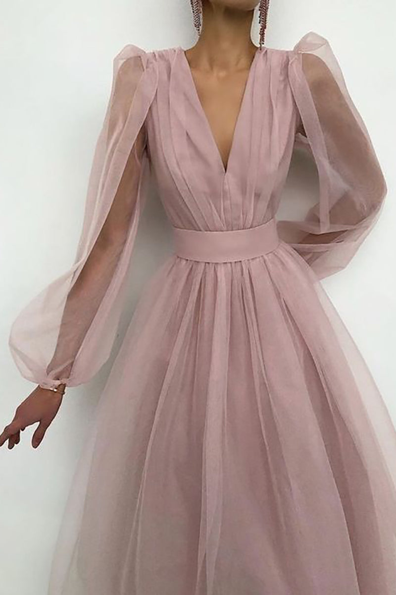 V Neck Tulle Long Sleeve Midi Dress