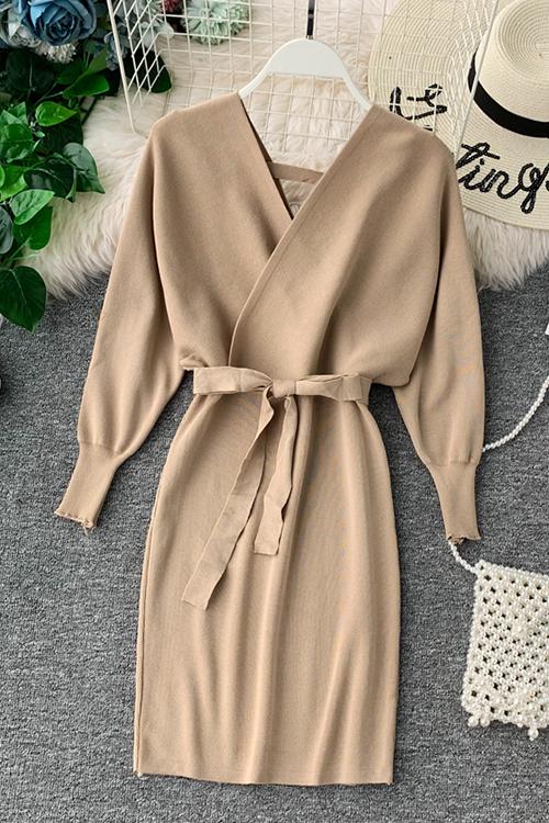 V Neck Off Shoulder Mini Dress