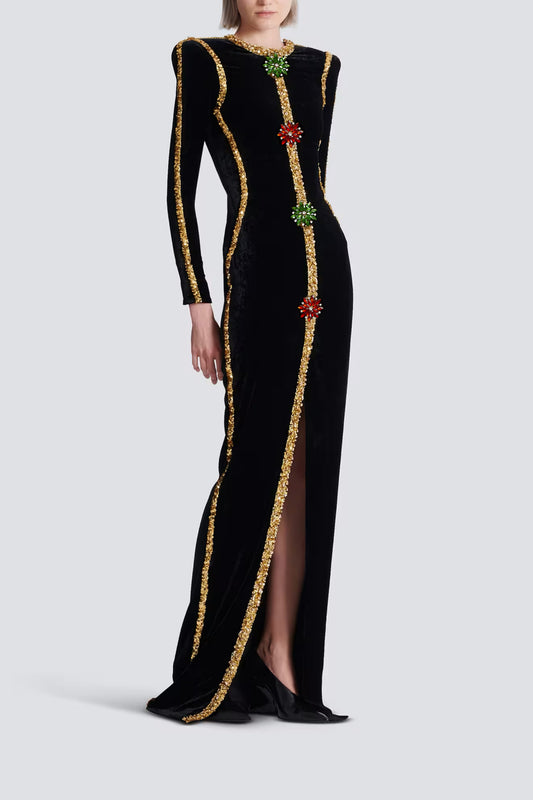 Anna Black Crystal Embellished Front Slit Maxi Dress