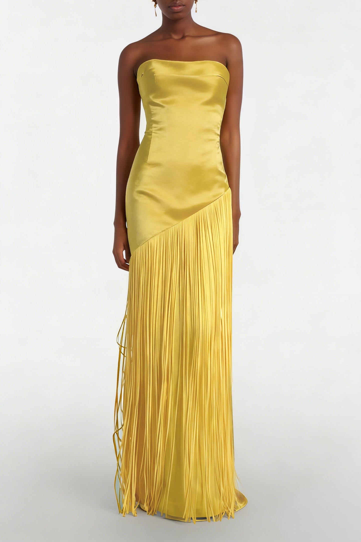 Cayetana Yellow Fringed Maxi Dress with Shawl Detail