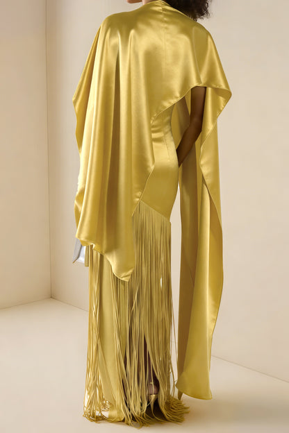 Cayetana Yellow Fringed Maxi Dress with Shawl Detail