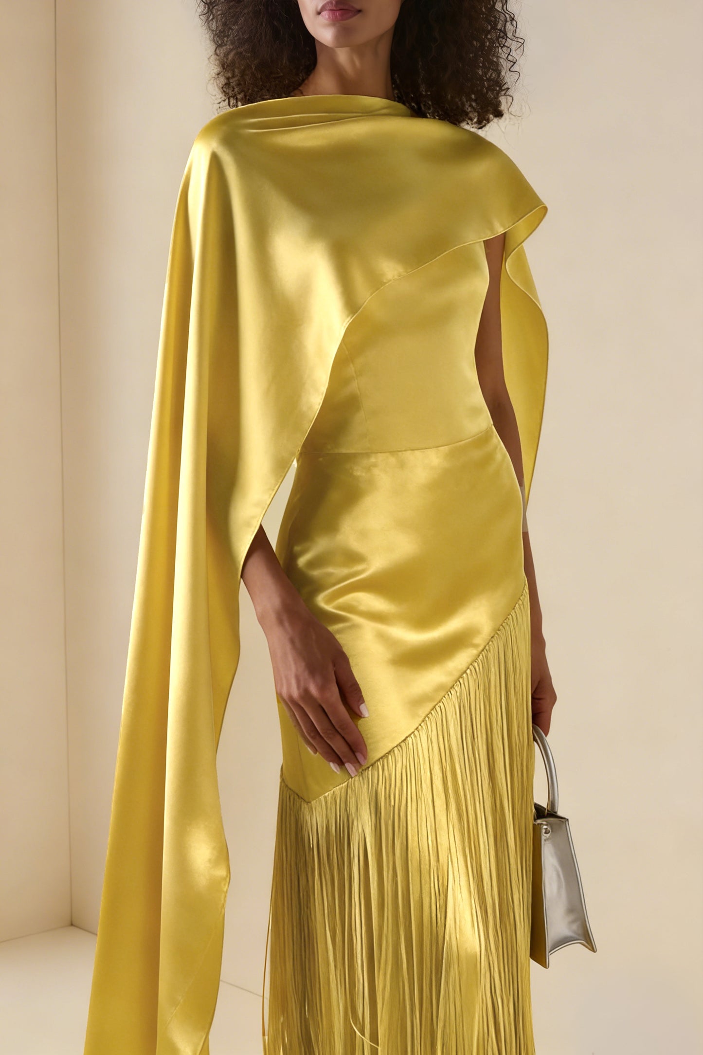 Cayetana Yellow Fringed Maxi Dress with Shawl Detail