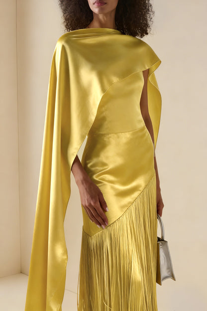 Cayetana Yellow Fringed Maxi Dress with Shawl Detail
