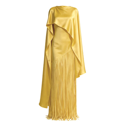 Cayetana Yellow Fringed Maxi Dress with Shawl Detail