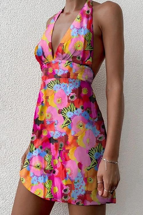 Print Halter Neck Backless Mini Dress