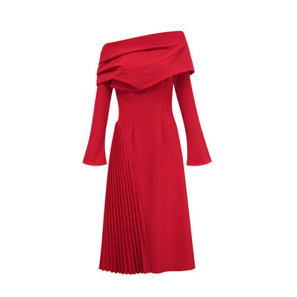 Valentine Red Pleated Maxi Dress with High Slit