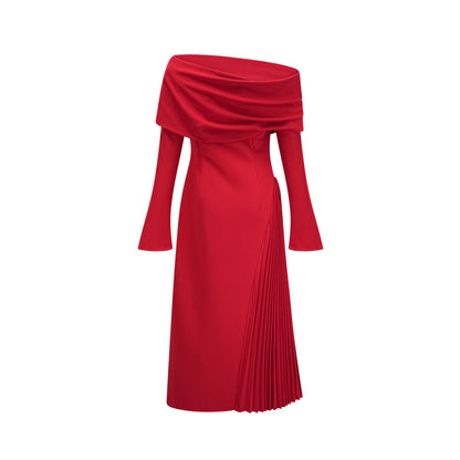 Valentine Red Pleated Maxi Dress with High Slit