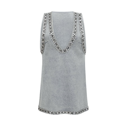 Daphné blue crystal sleeveless denim mini dress
