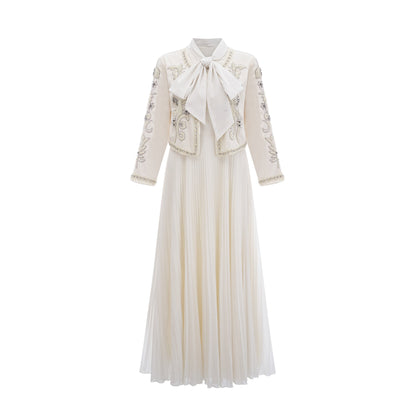 Blanche White Embellished Pleated Two-Piece Jacket and Dress Set