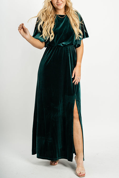 Velvet Wlastic Waist Slit Maxi Dress