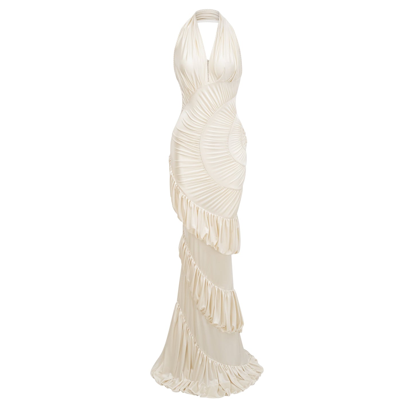 Vilhelmiina Cream White Halterneck Shirred Maxi Dress