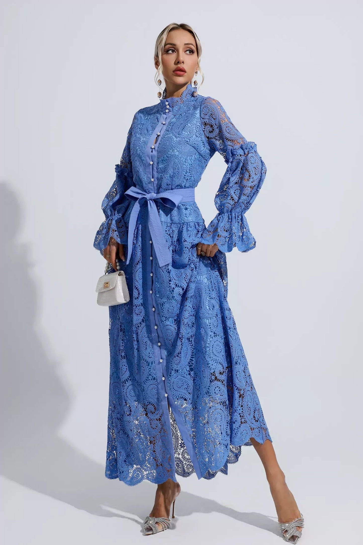 Esmeralda Blue Lace Floral Cutout Maxi Dress – OMYKE