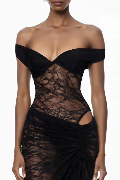 Frida Black Semi-Sheer Lace Bodysuit & Skirt Set