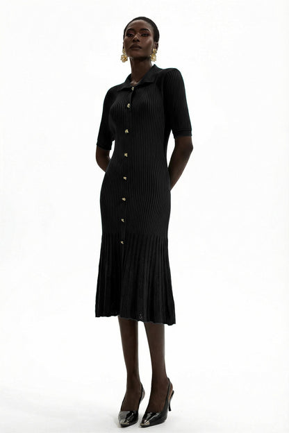 Jersey Flapped Metal Button Midi Dress