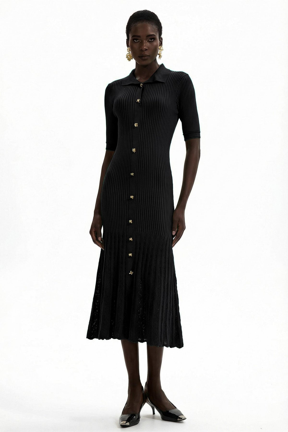 Jersey Flapped Metal Button Midi Dress