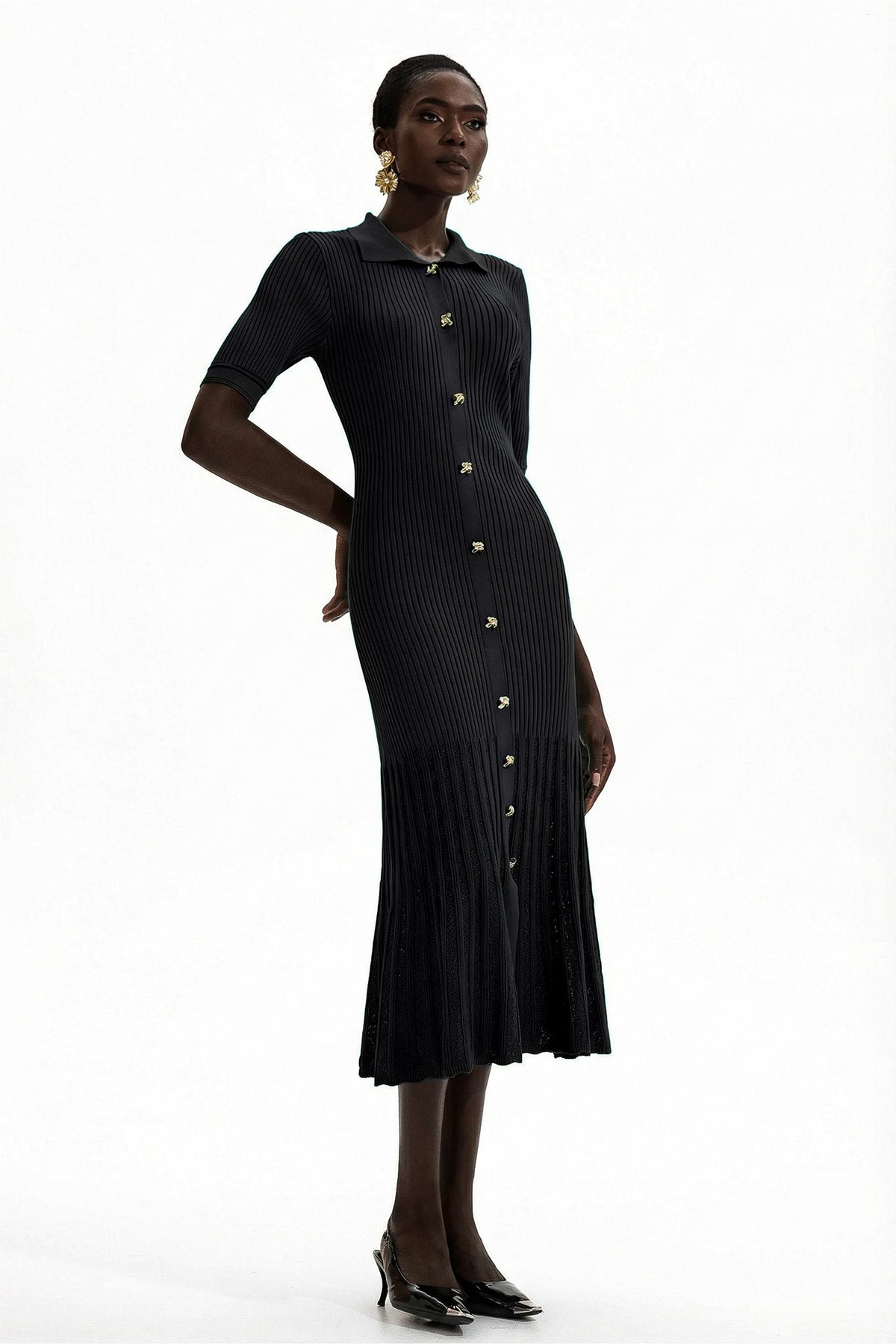 Jersey Flapped Metal Button Midi Dress