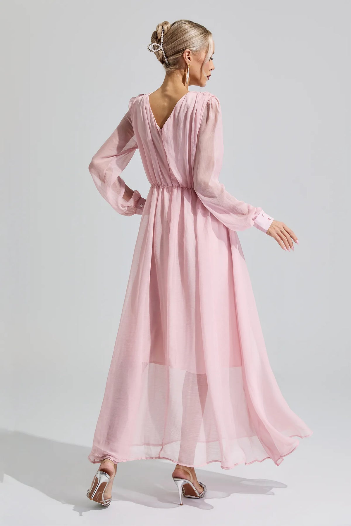 Hatshepsut Pink Rhinestone Ruched Maxi Dress