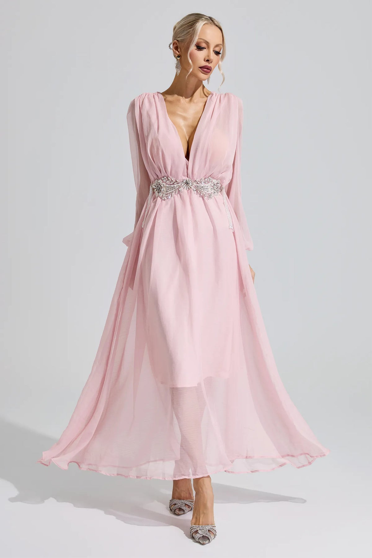 Hatshepsut Pink Rhinestone Ruched Maxi Dress