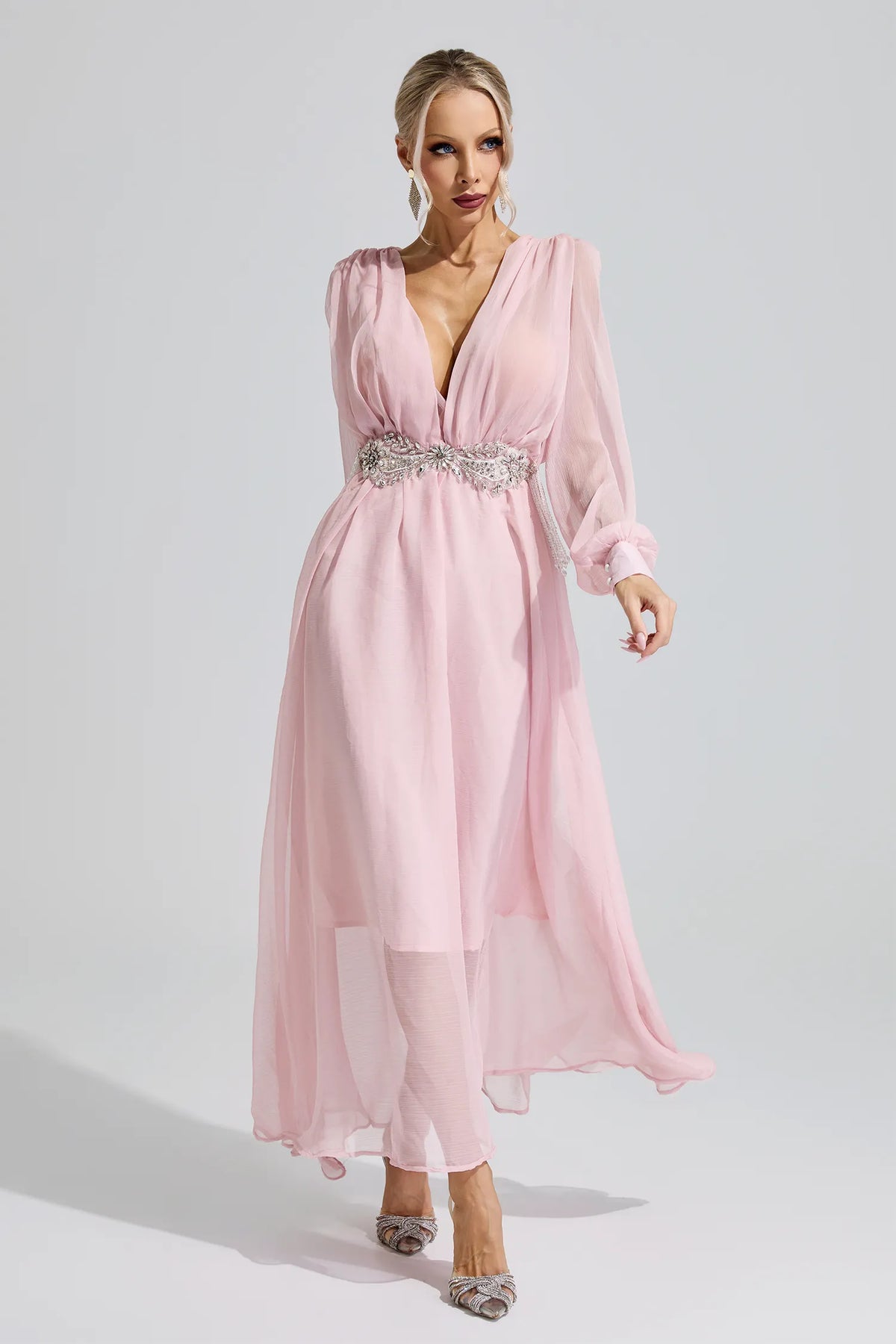 Hatshepsut Pink Rhinestone Ruched Maxi Dress