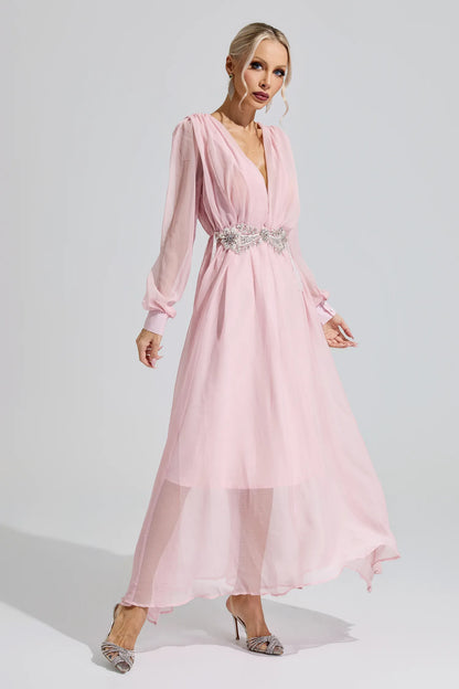 Hatshepsut Pink Rhinestone Ruched Maxi Dress