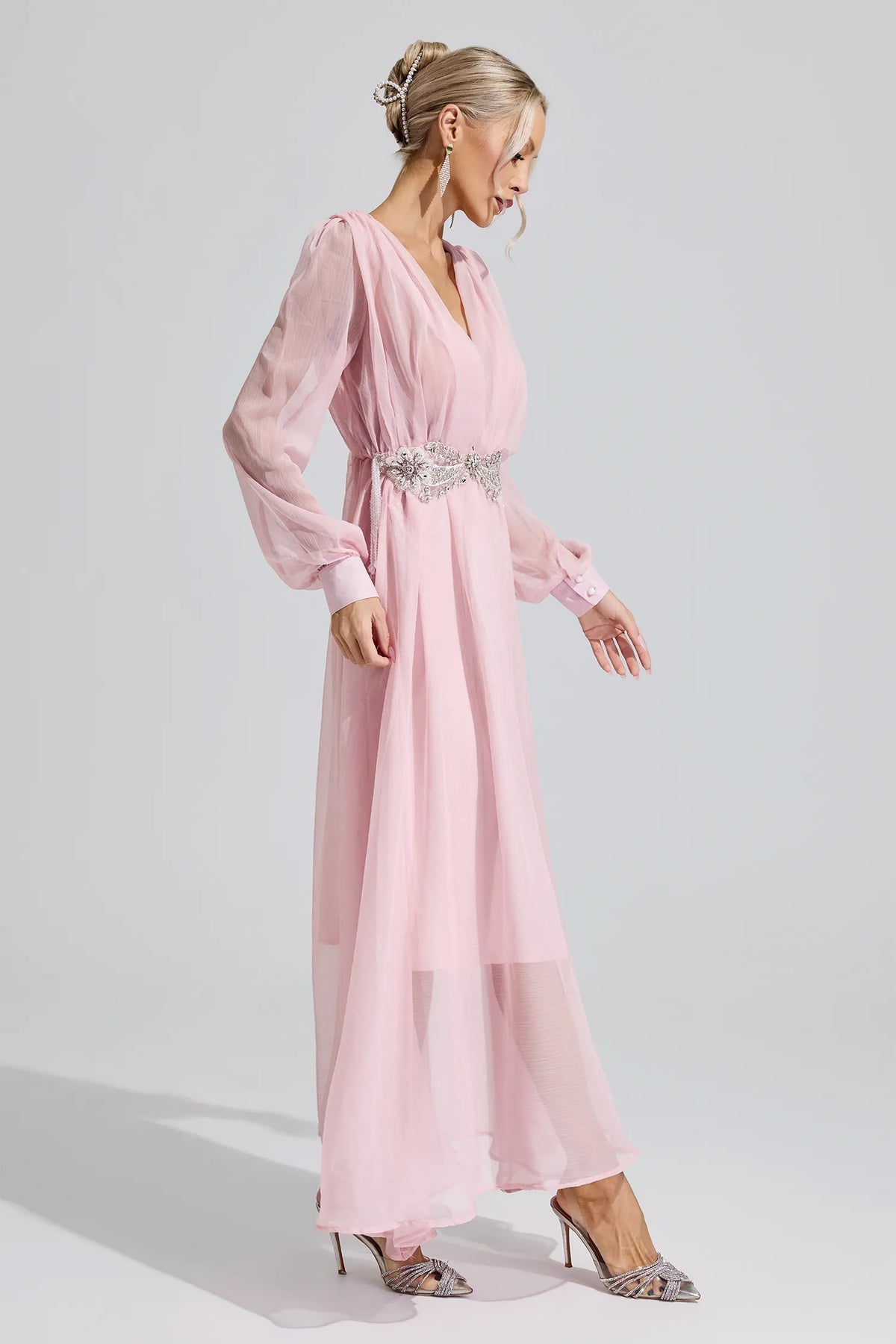 Hatshepsut Pink Rhinestone Ruched Maxi Dress