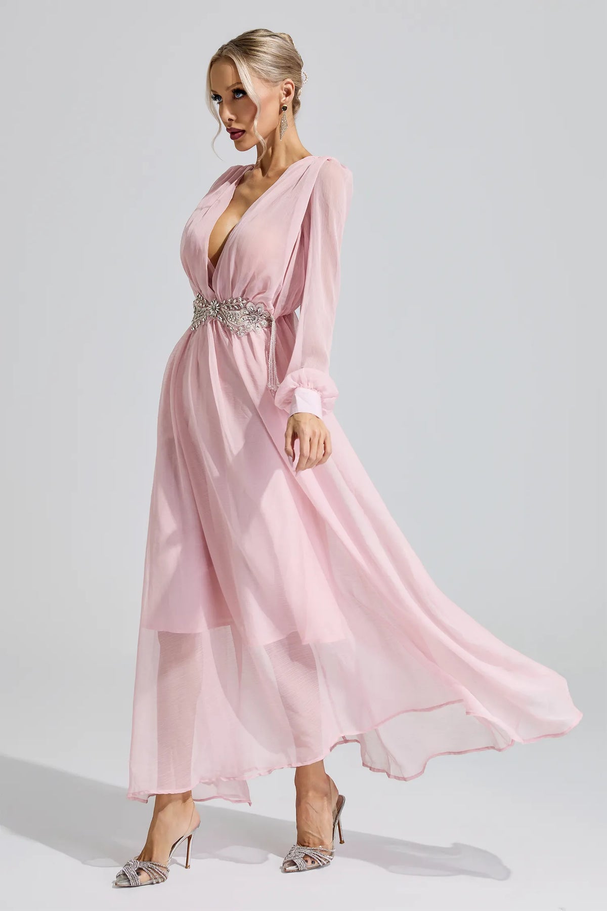 Hatshepsut Pink Rhinestone Ruched Maxi Dress