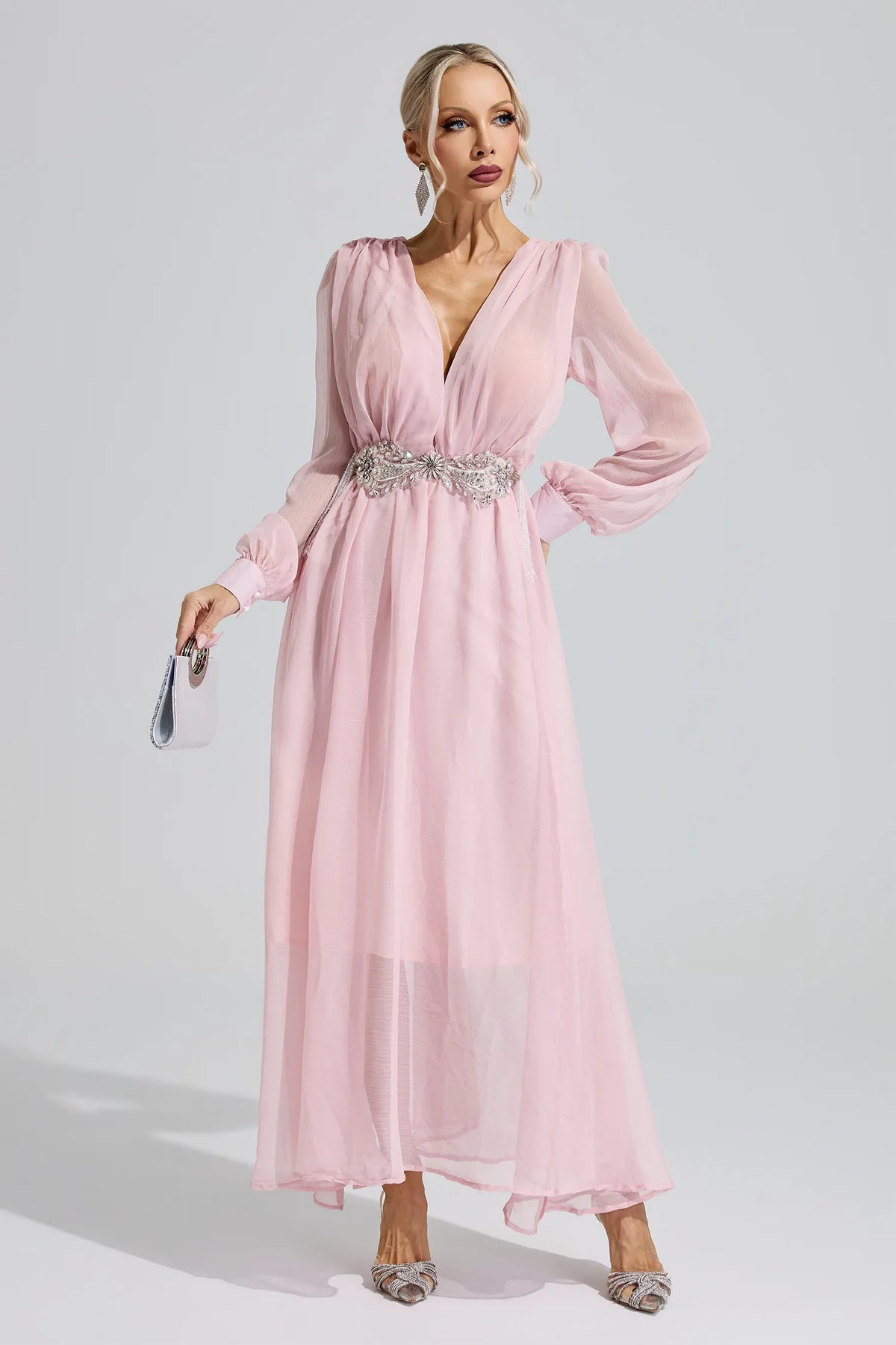 Hatshepsut Pink Rhinestone Ruched Maxi Dress