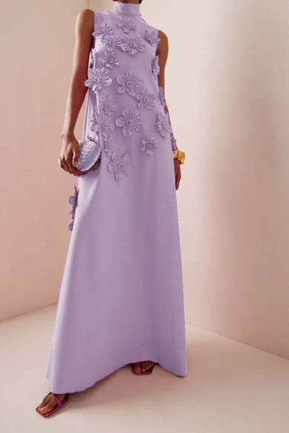 3D Floral High Neck Sleeveless Maxi Dress Purple