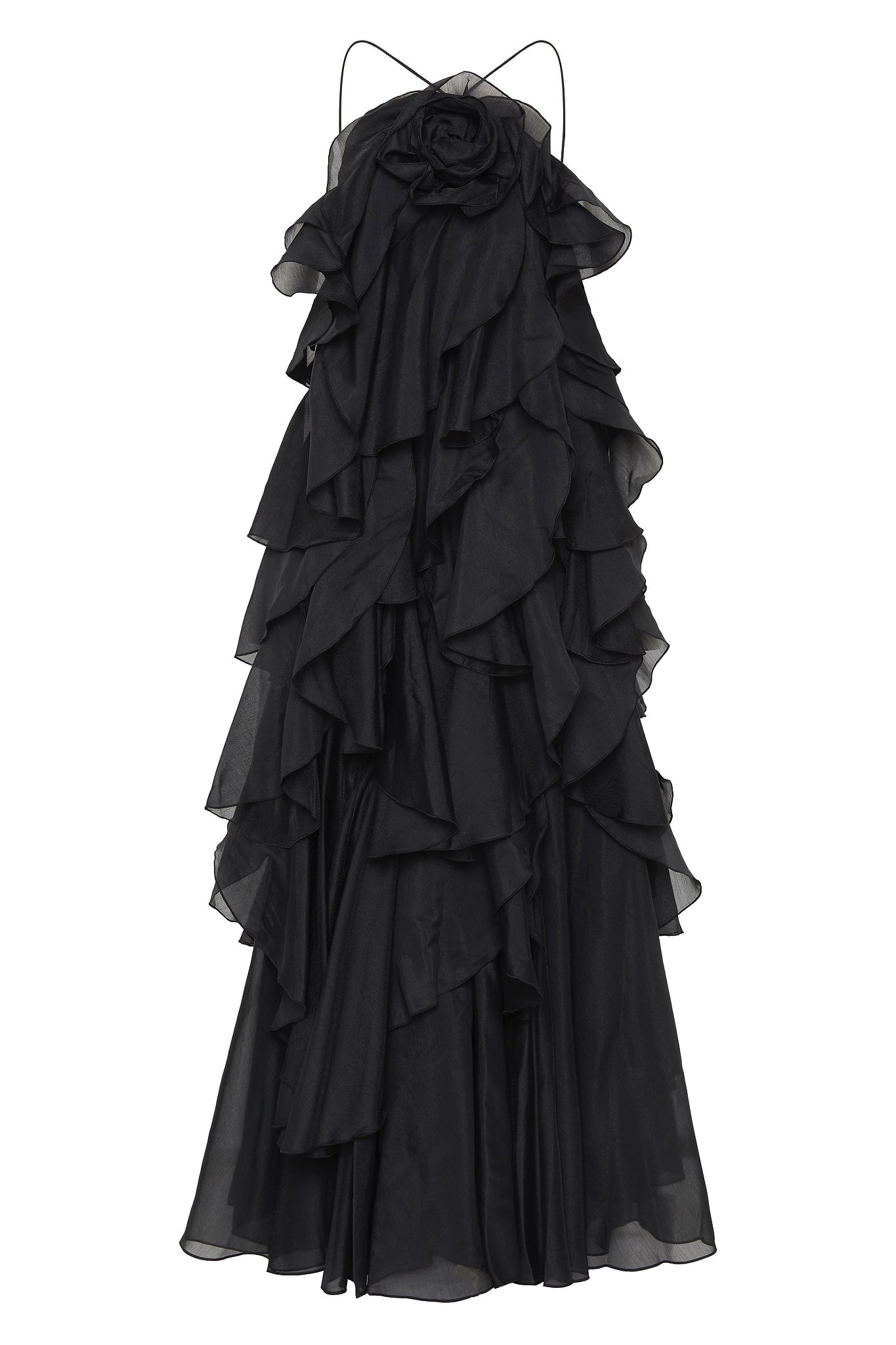 3D Flower Halter Neck Frill Maxi Dress