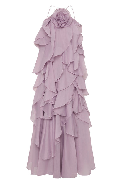 3D Flower Halter Neck Frill Maxi Dress