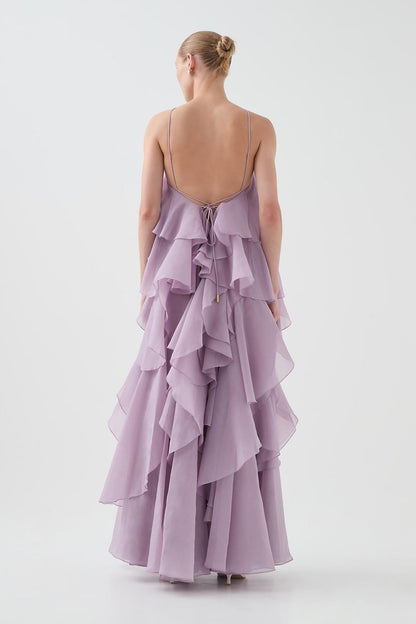 3D Flower Halter Neck Frill Maxi Dress