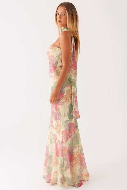 Floral Chiffon Strapless Maxi Dress