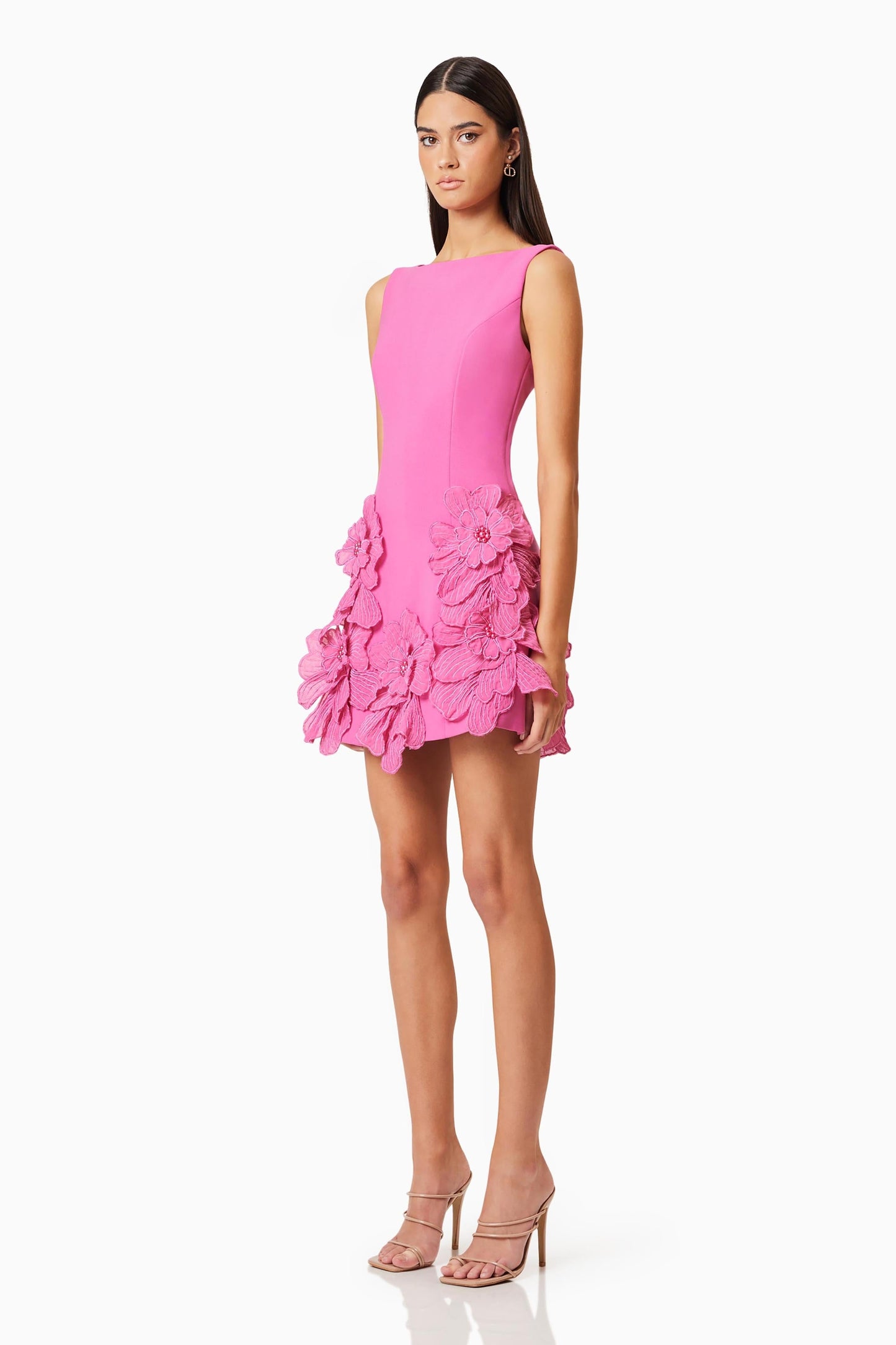 3D Flower Solid Round Neck Mini Dress