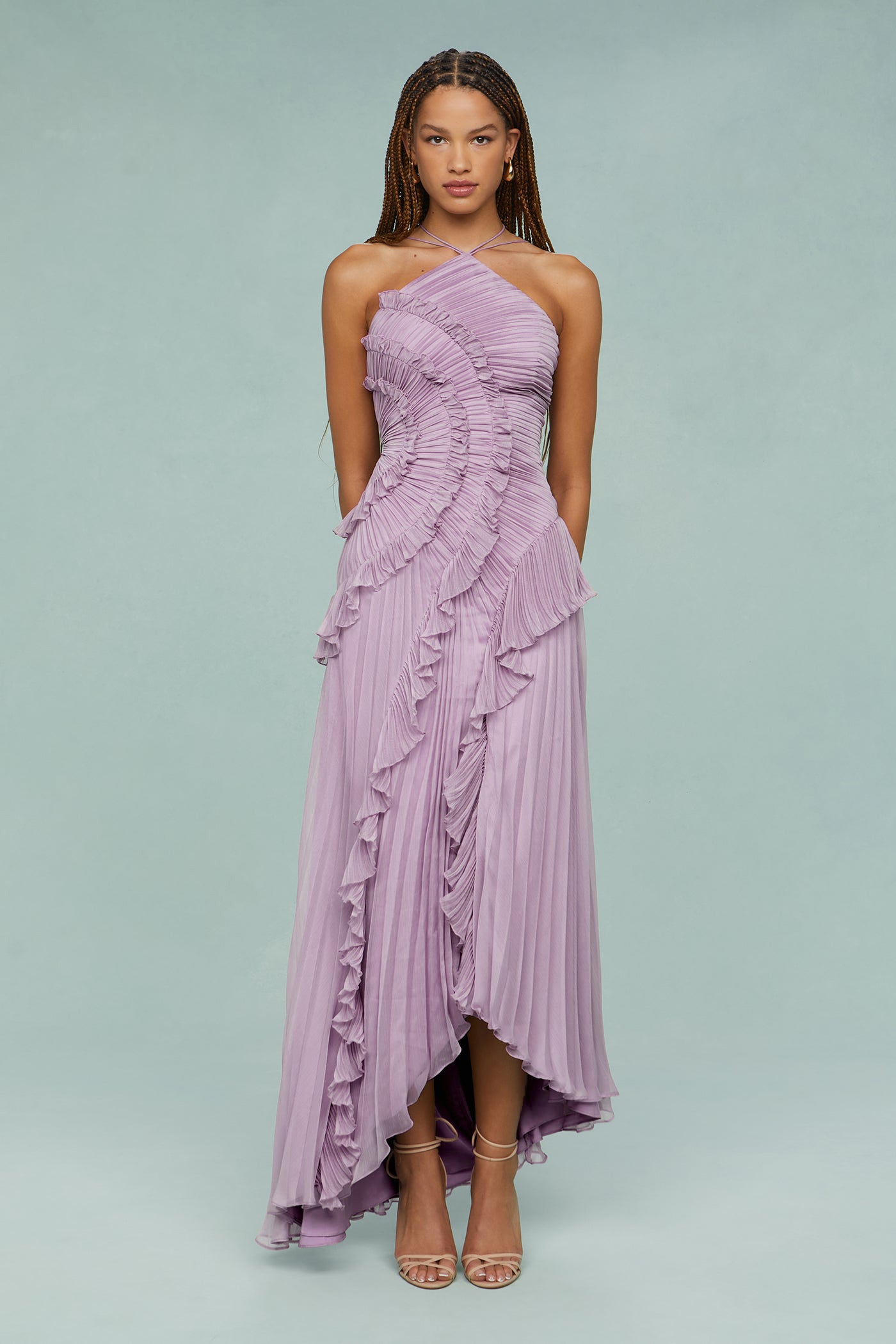 Pleated Frill Halter Neck Midi Dress