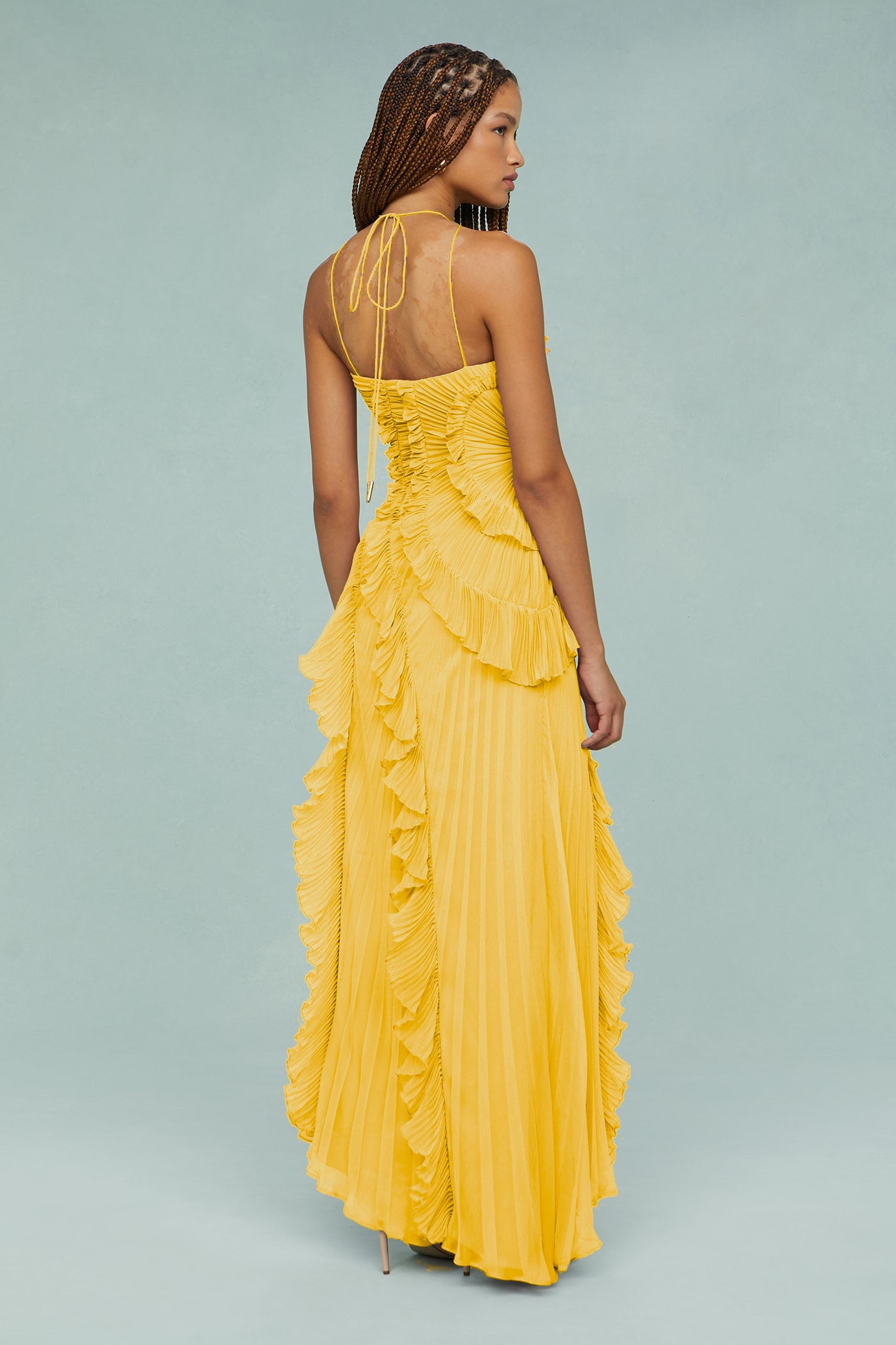 Pleated Frill Halter Neck Midi Dress