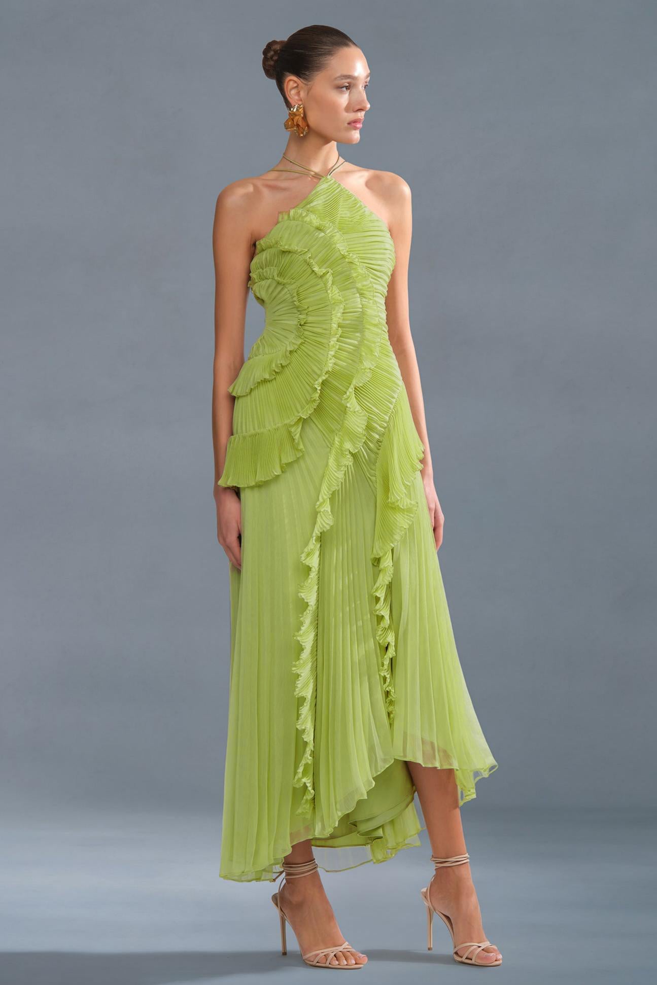 Pleated Frill Halter Neck Midi Dress