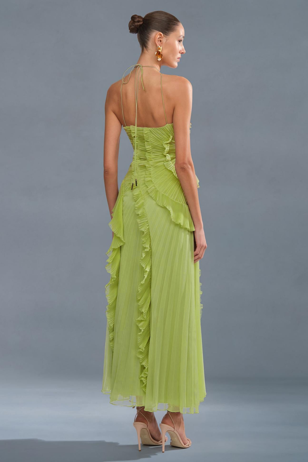 Pleated Frill Halter Neck Midi Dress