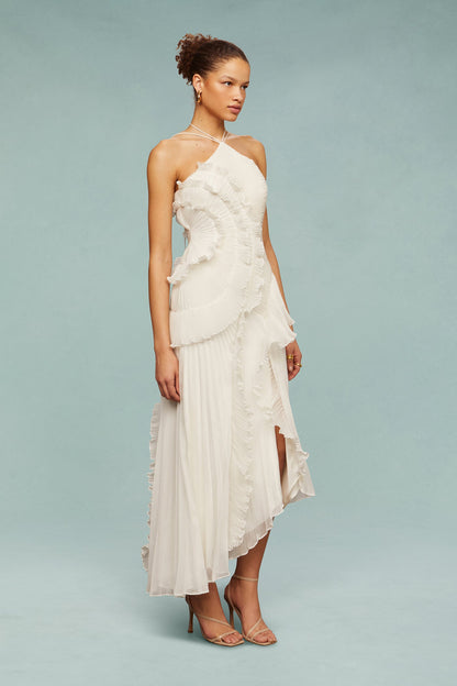 Pleated Frill Halter Neck Midi Dress