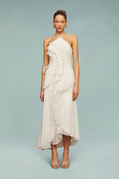 Pleated Frill Halter Neck Midi Dress