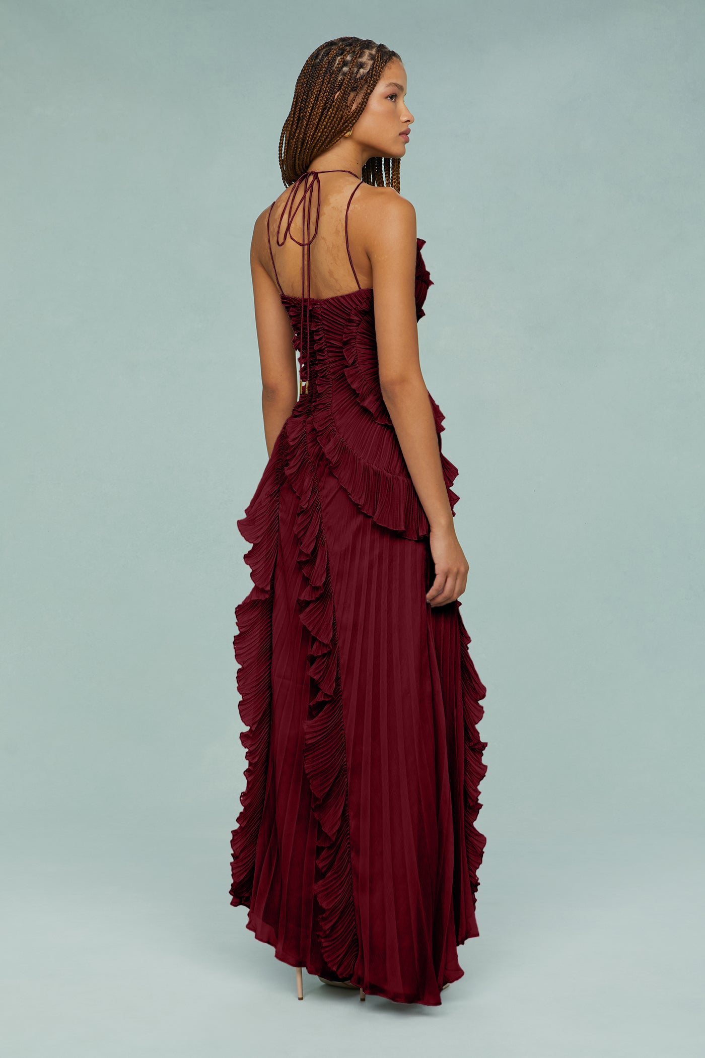 Pleated Frill Halter Neck Midi Dress