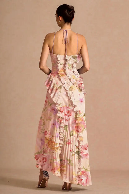 Pleated Frill Halter Neck Midi Dress