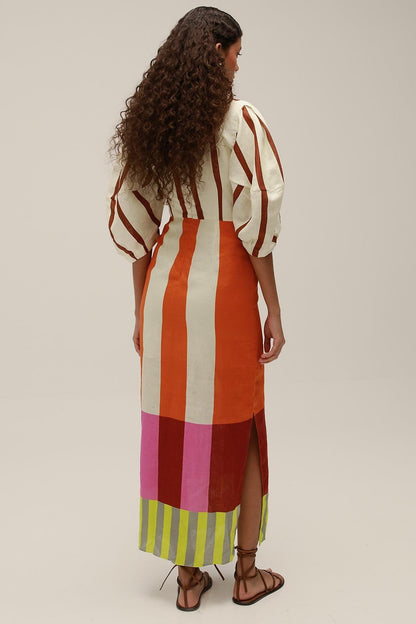 Stripe Knotted Mid Sleeve Midi Dress